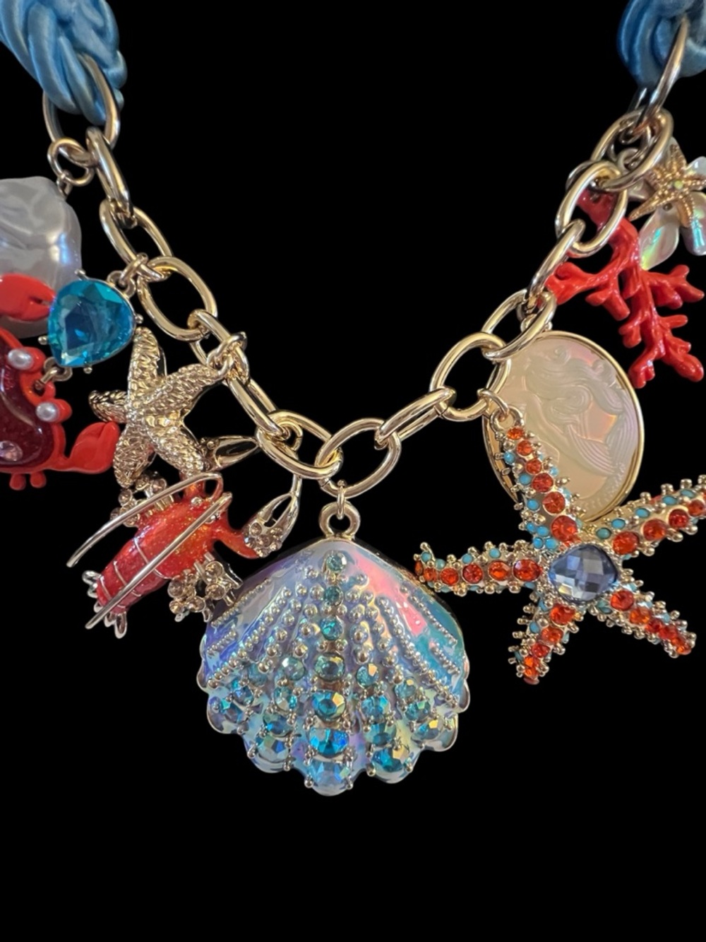 Betsey Johnson Blue Rope Necklace with Coral, Red and Iridescent Sea Charms - Picture 4 of 16